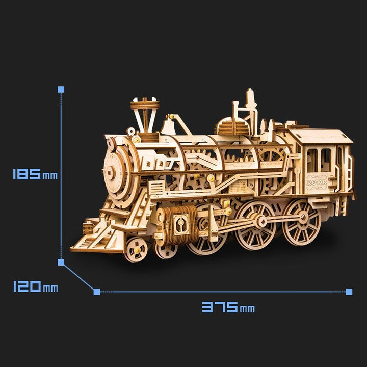 Sea Dragon Dreams wooden 3D puzzle steam locomotive model with intricate mechanical gear details and dimensions.