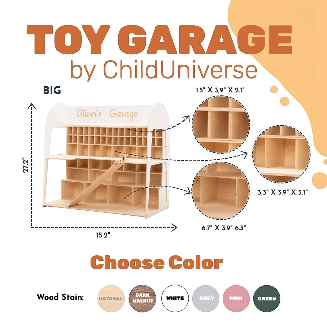 Sea Dragon Dreams personalized wooden toy car garage storage with multiple shelving compartments for kids playroom