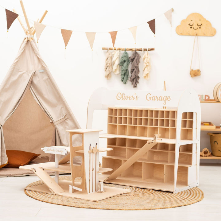 Sea Dragon Dreams personalized wooden toy car garage and storage unit with multiple levels in a cozy playroom setting.