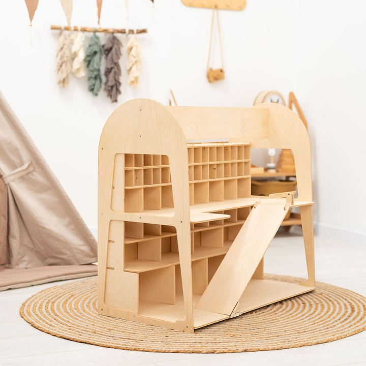 Sea Dragon Dreams wooden toy car garage storage with multiple levels and a ramp in a bright nursery setting