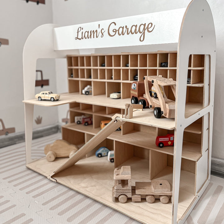 Sea Dragon Dreams personalized wooden toy car garage with multiple storage levels and a ramp for kids playroom