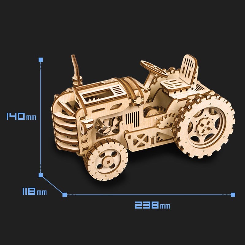 Sea Dragon Dreams wooden 3D puzzle tractor model with mechanical gear assembly and dimensions shown
