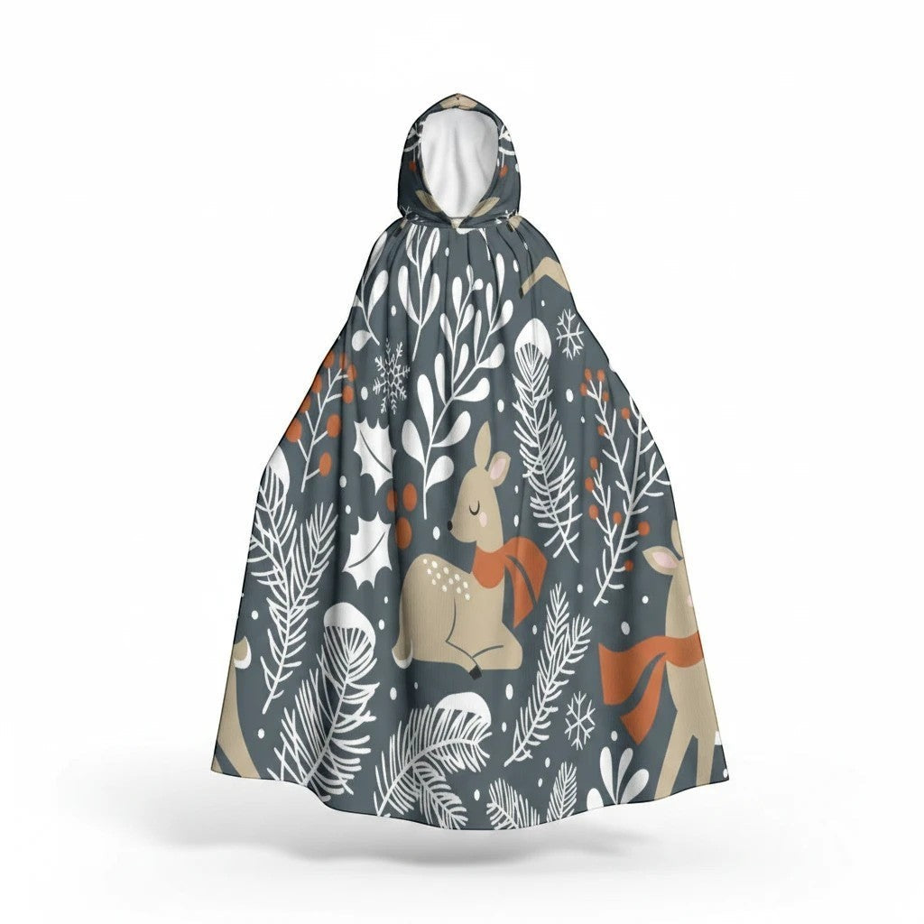 Sea Dragon Dreams hooded cloak in microfiber with a festive woodland deer print on a dark grey background.