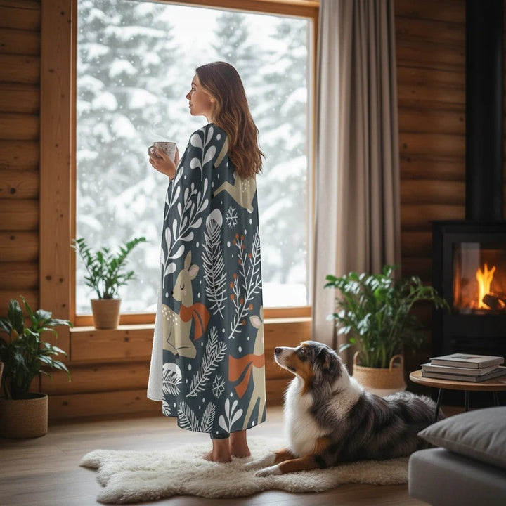 Sea Dragon Dreams hooded cloak with woodland deer print worn by a woman standing in a cozy cabin by a snowy window.