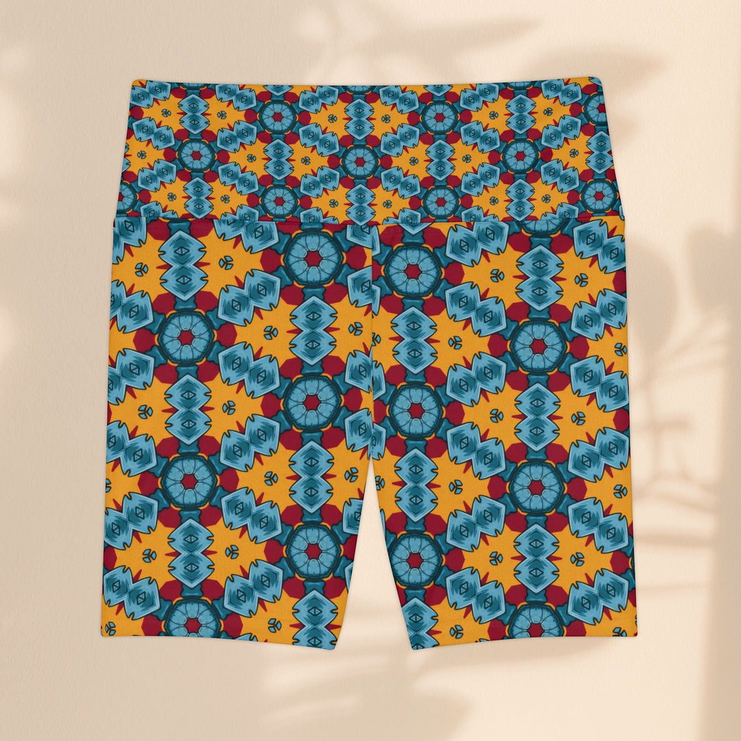 Sea Dragon Dreams women's workout shorts in a vibrant, multi-colored street dragon pattern on polyester fabric.