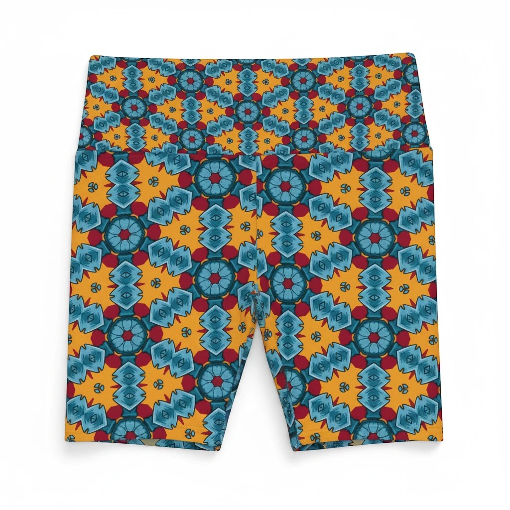 Sea Dragon Dreams women's workout shorts featuring a vibrant, multi-colored street dragon geometric pattern.