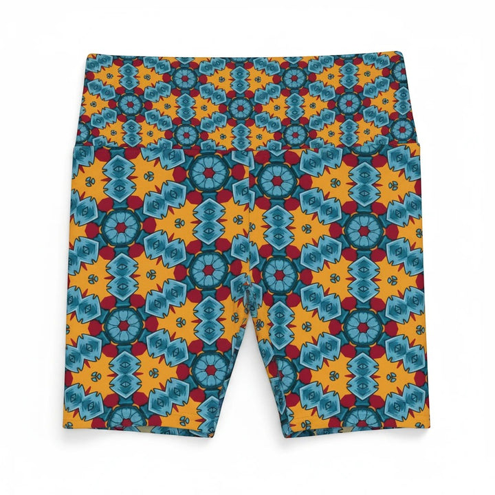 Sea Dragon Dreams women's workout shorts featuring a vibrant, multi-colored street dragon geometric pattern.