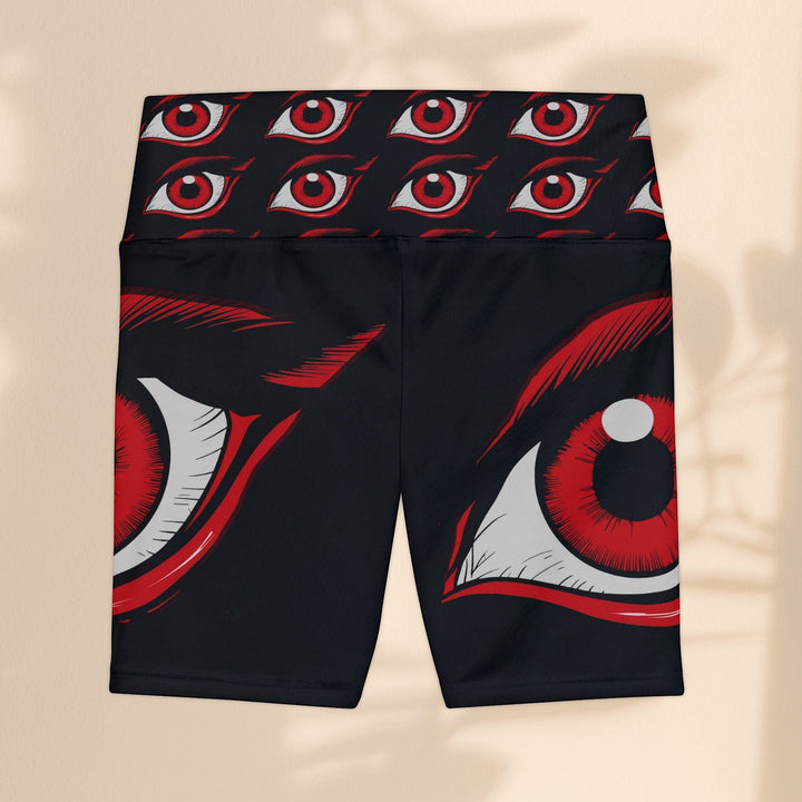 Sea Dragon Dreams workout shorts in black with a red eye print pattern, featuring a comfortable polyester fit.