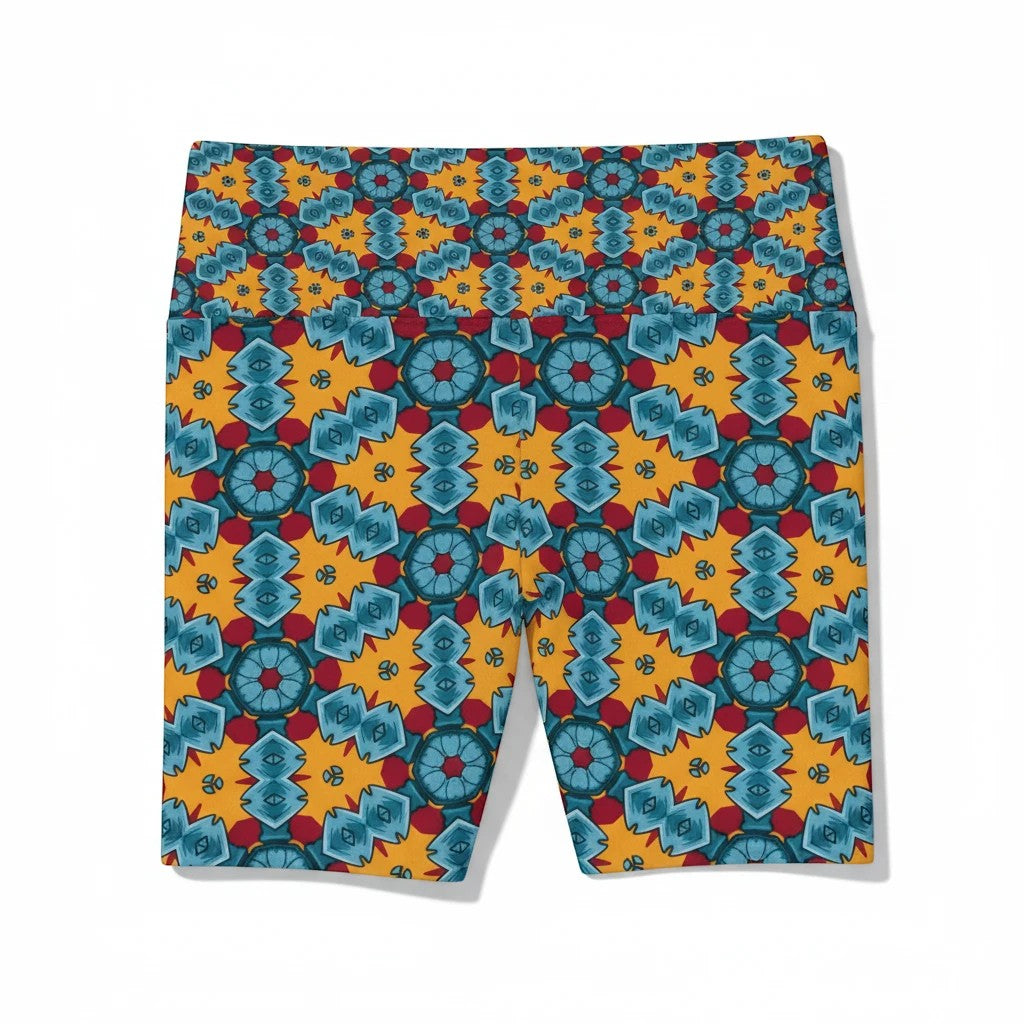Sea Dragon Dreams workout shorts featuring a vibrant orange, blue, and red geometric dragon-inspired pattern.