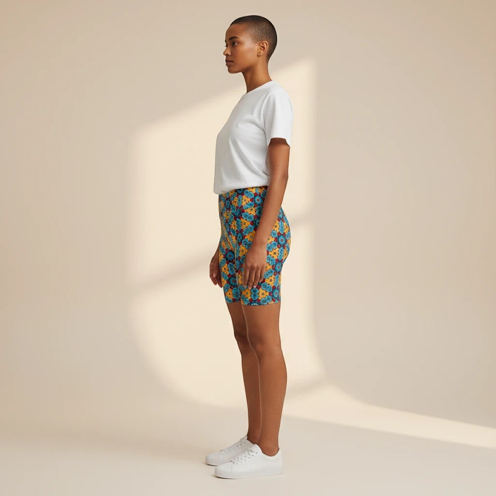 Model wearing Sea Dragon Dreams workout shorts with a colorful street dragon pattern and a white t-shirt, side view.