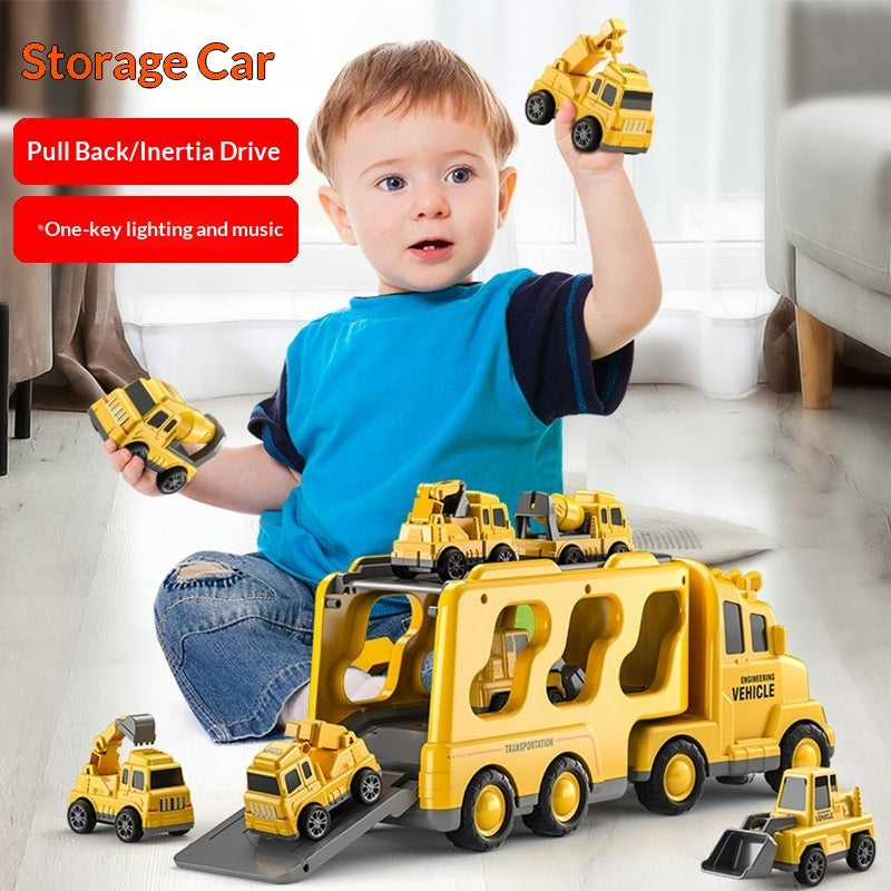 Sea Dragon Dreams yellow construction vehicle carrier toy set with six mini trucks for kids, featuring light and sound
