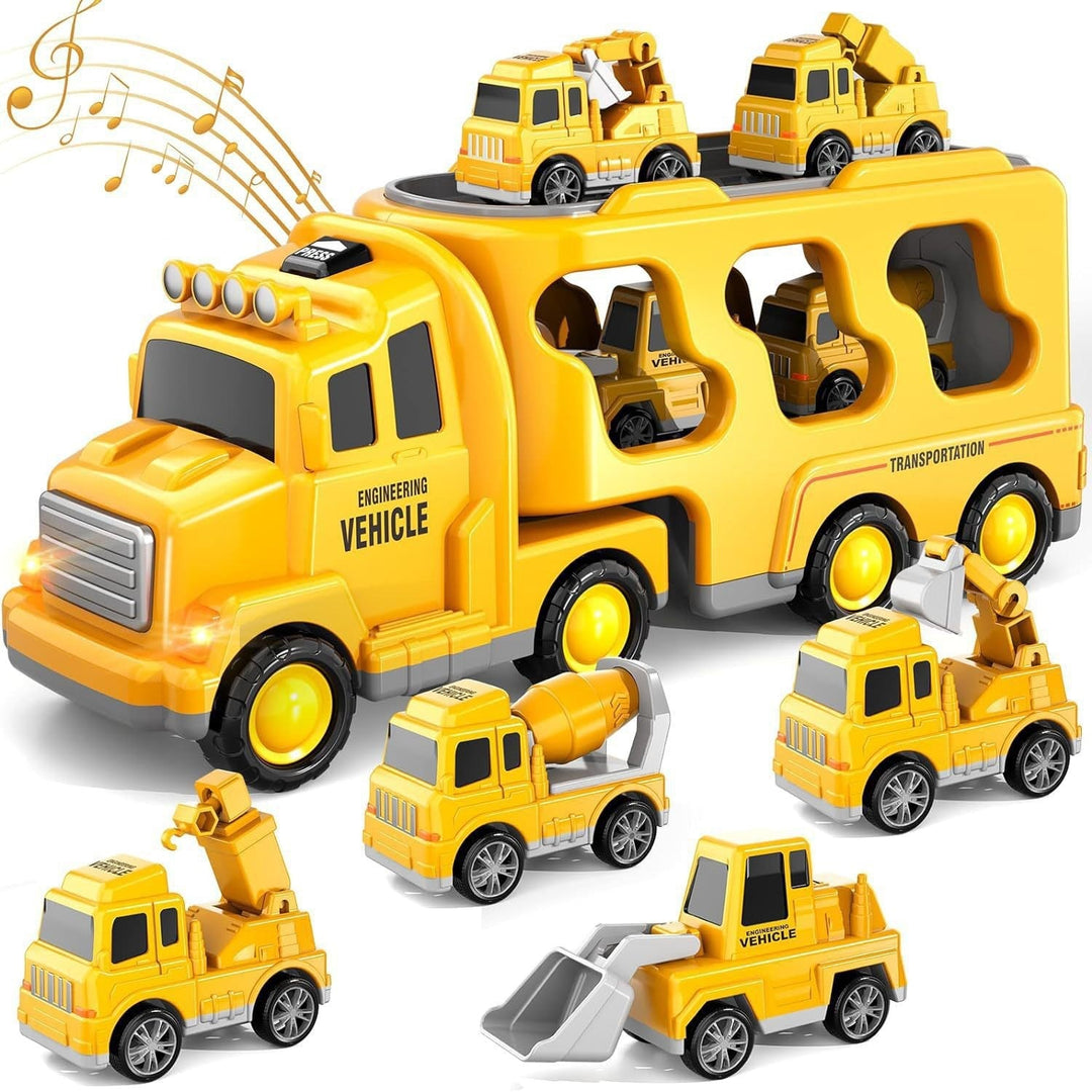 Sea Dragon Dreams yellow construction vehicle carrier toy set with six mini engineering trucks, lights, and sounds