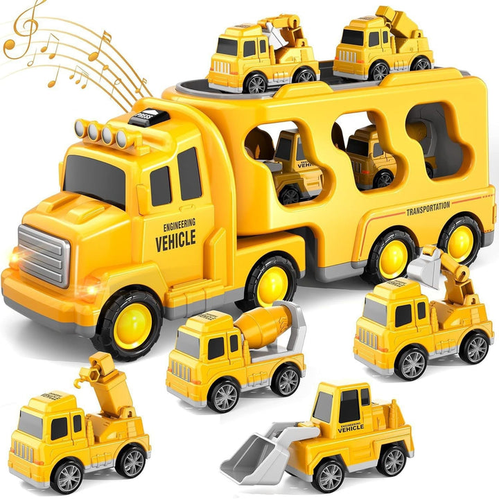 Sea Dragon Dreams yellow construction vehicle carrier toy set with six mini engineering trucks, lights, and sounds