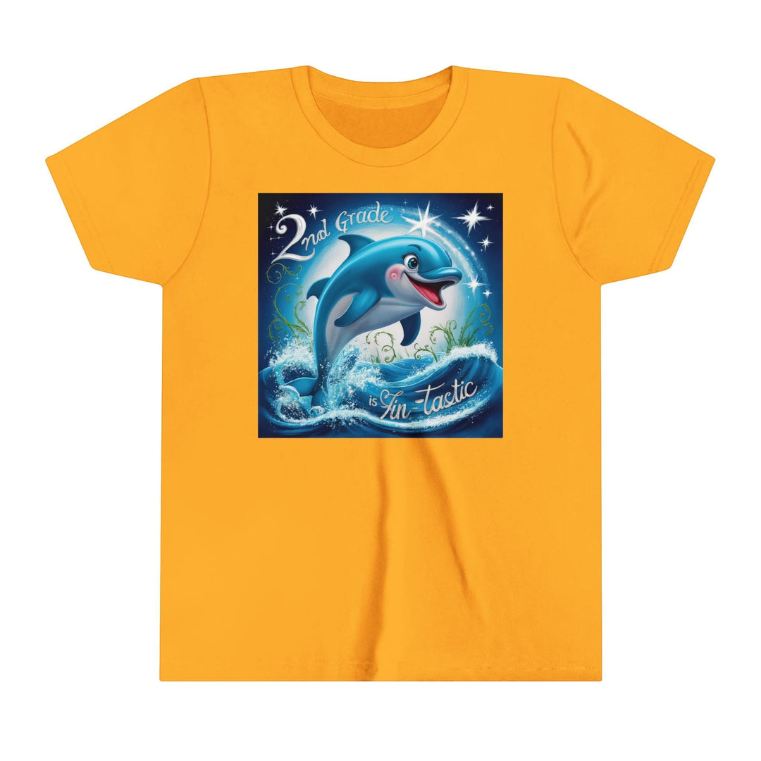 Sea Dragon Dreams yellow youth short sleeve tee featuring a playful 2nd Grade FinTastic dolphin graphic.