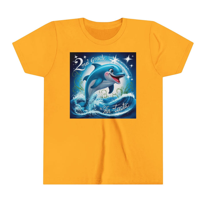 Sea Dragon Dreams yellow youth short sleeve tee featuring a playful 2nd Grade FinTastic dolphin graphic.