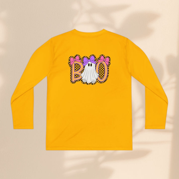 Sea Dragon Dreams yellow long sleeve kids Halloween shirt with a ghost Boo graphic and pink bows on the back