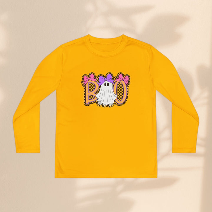 Sea Dragon Dreams yellow long sleeve kids Halloween shirt with a ghost and Boo graphic print