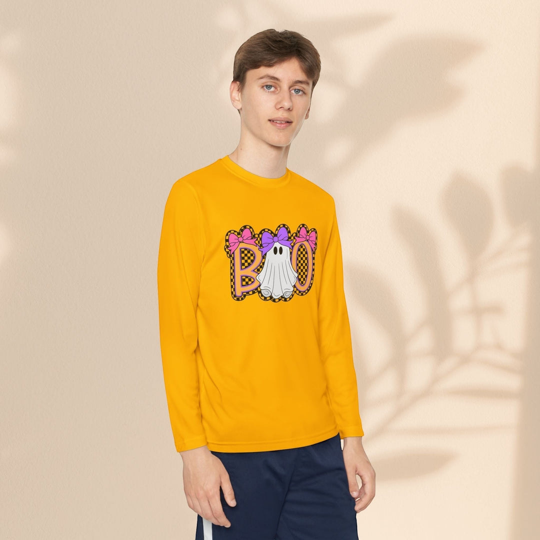 Sea Dragon Dreams youth long sleeve Halloween shirt in yellow with a ghost Boo graphic print on a young man