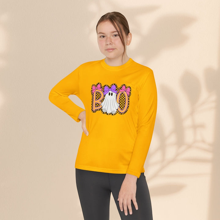 Sea Dragon Dreams youth long sleeve shirt in bright yellow with a cute ghost Boo graphic and pink bows