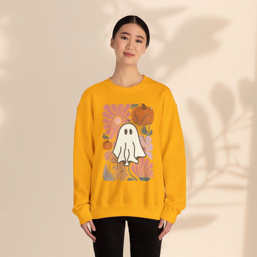 Sea Dragon Dreams unisex yellow crewneck sweatshirt featuring a cute ghost, pumpkin, and floral autumn graphic print.