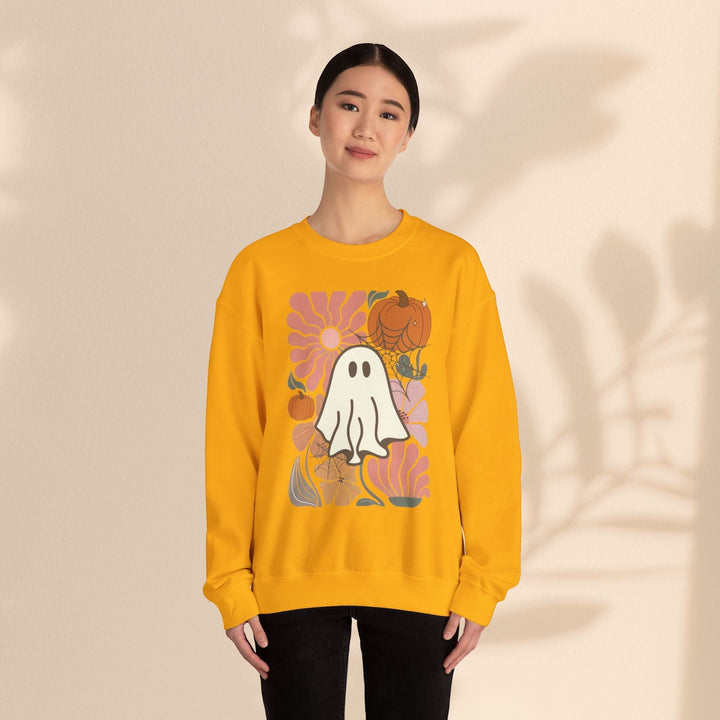 Sea Dragon Dreams unisex yellow crewneck sweatshirt featuring a cute ghost, pumpkin, and floral autumn graphic print.