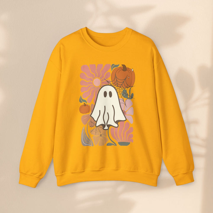 Sea Dragon Dreams unisex yellow crewneck sweatshirt featuring a retro ghost, pumpkin, and floral Halloween graphic.
