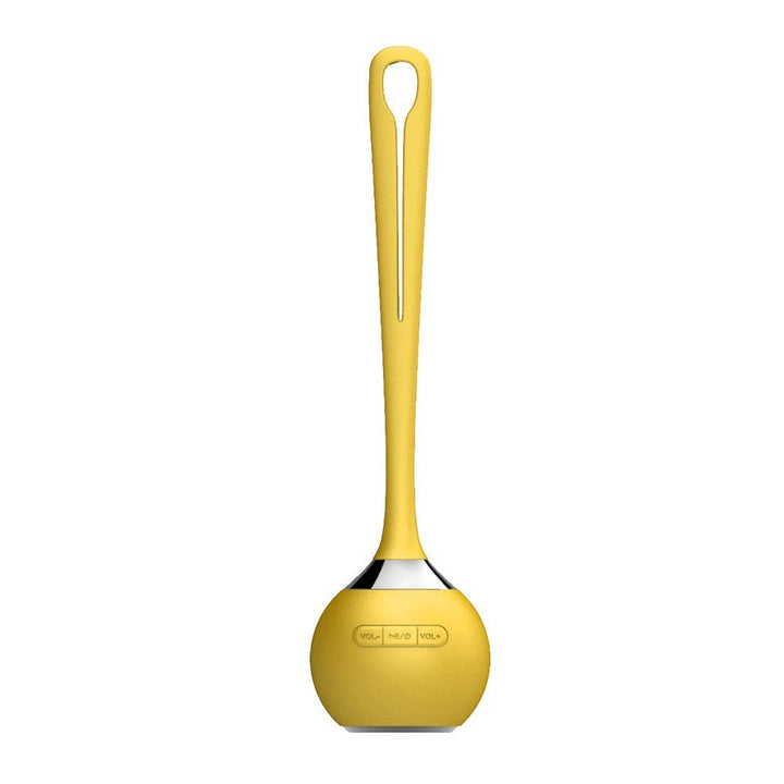 Sea Dragon Dreams yellow mini waterproof Bluetooth speaker with a long handle and stainless-steel grille detail