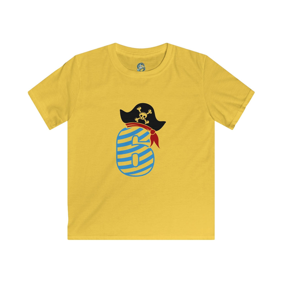 Sea Dragon Dreams yellow kids t-shirt with a blue striped number 6 wearing a pirate hat for a 6th birthday.