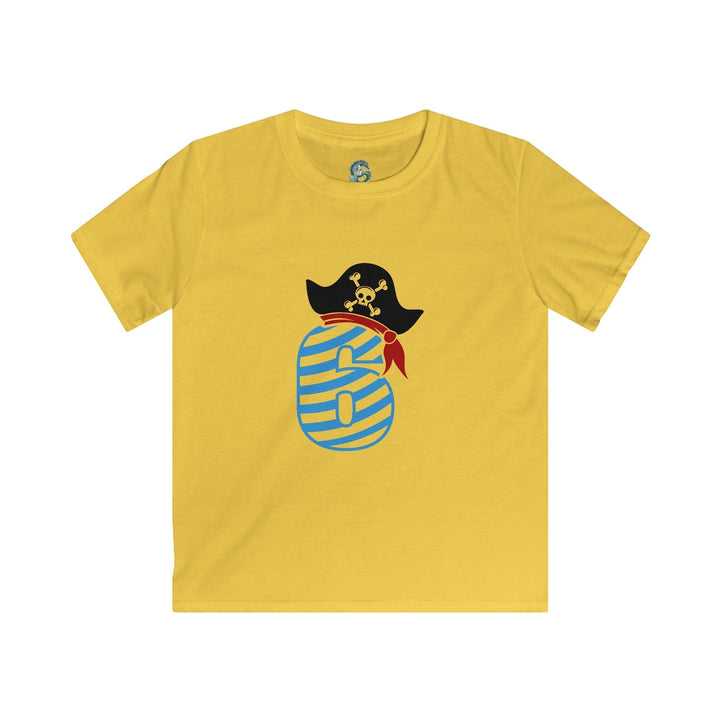 Sea Dragon Dreams yellow kids t-shirt with a blue striped number 6 wearing a pirate hat for a 6th birthday.