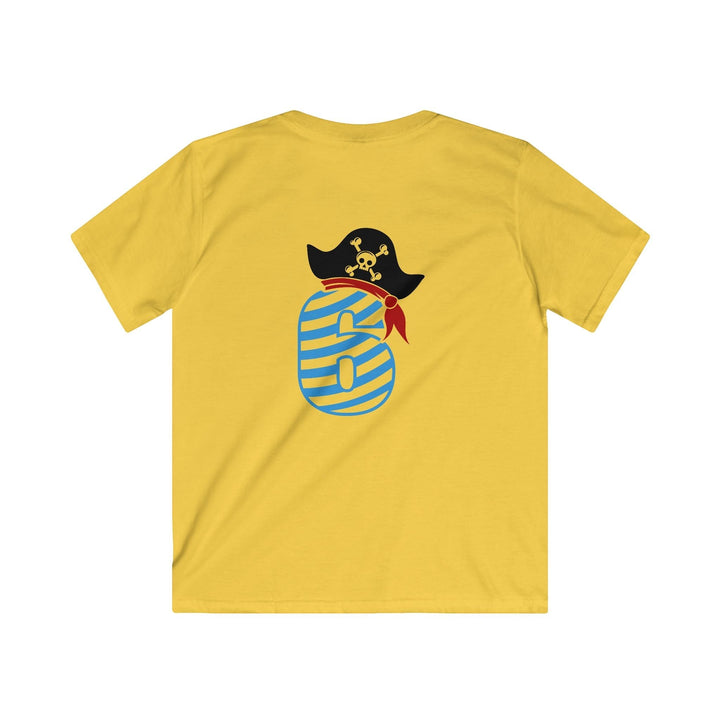 Sea Dragon Dreams yellow kids t-shirt with a blue striped number 6 and a pirate hat graphic for a 6th birthday.