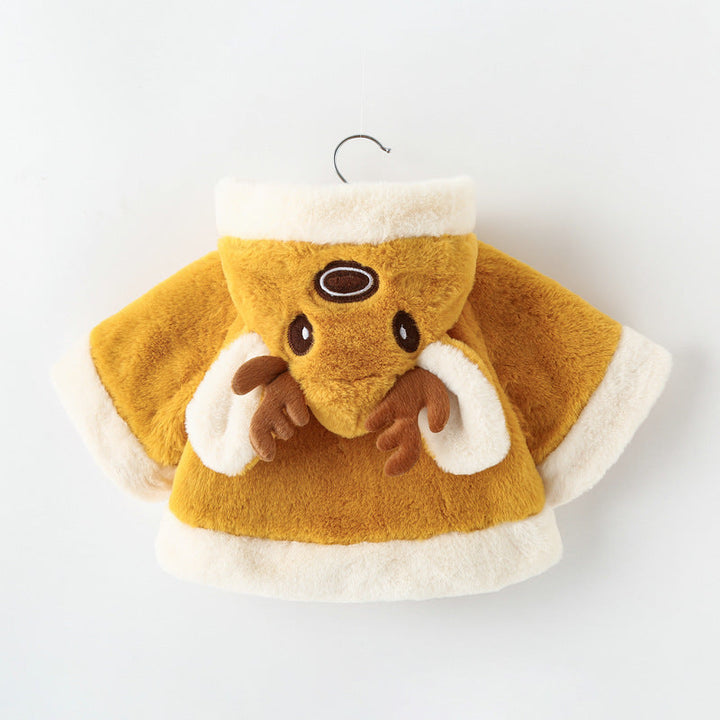 Sea Dragon Dreams yellow fleece hooded cape for girls featuring a cute cartoon reindeer design with plush antlers.