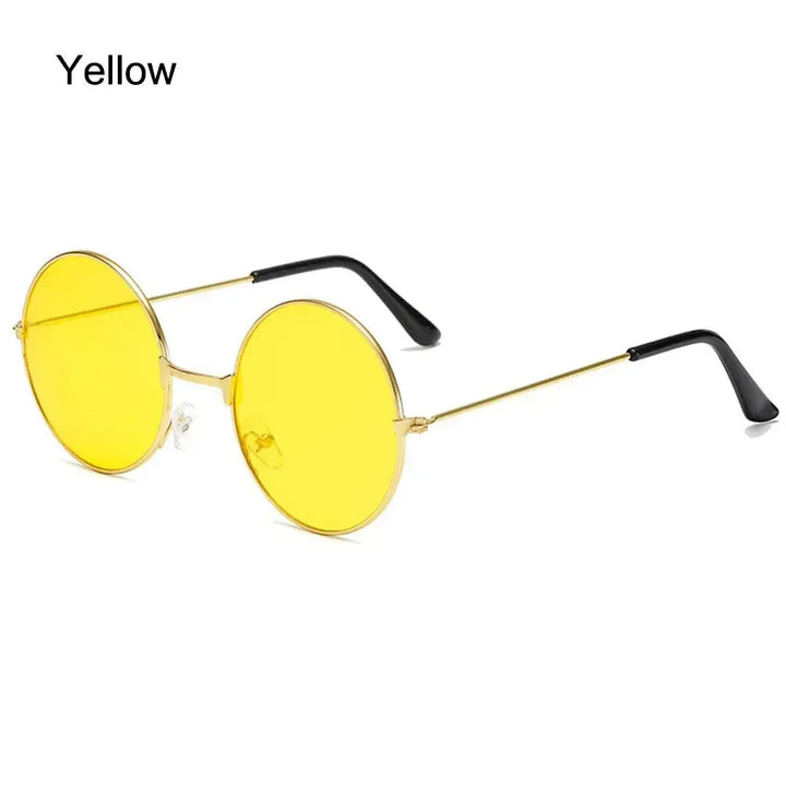 Sea Dragon Dreams yellow round novelty sunglasses with thin gold metal frames for cosplay and costume wear