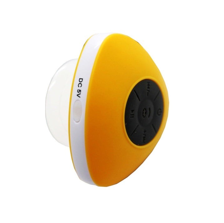 Sea Dragon Dreams yellow waterproof Bluetooth shower speaker with black control buttons and side charging port