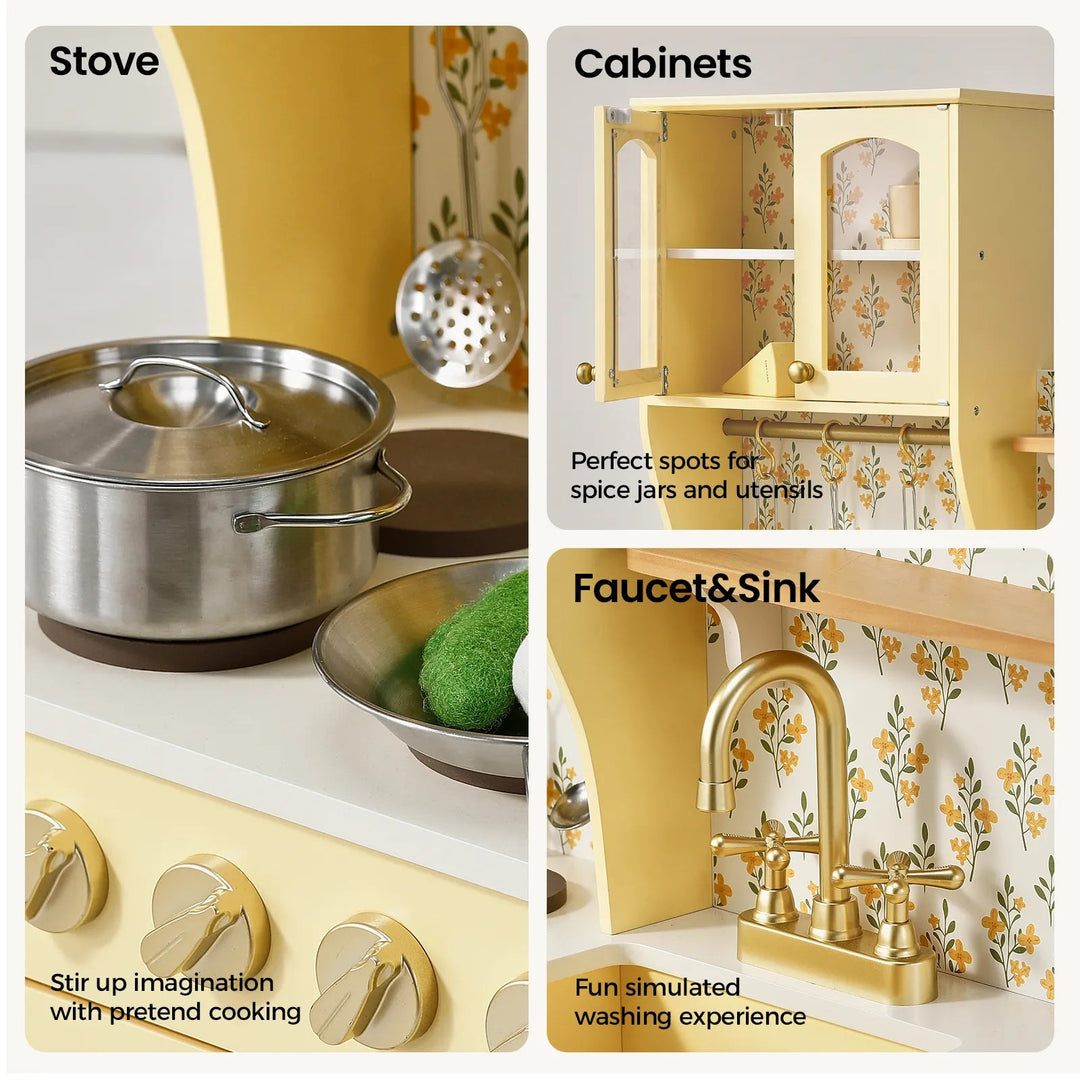 Sea Dragon Dreams pale yellow wooden play kitchen with floral wallpaper, gold faucet, and pretend cookware set.