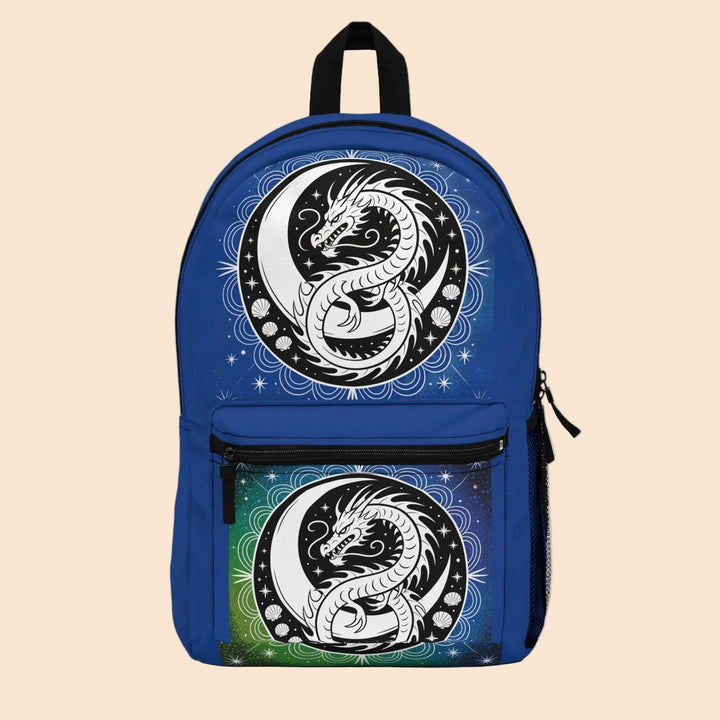 Sea Dragon Dreams backpack featuring a blue and green gradient background with a white yin-yang dragon graphic.
