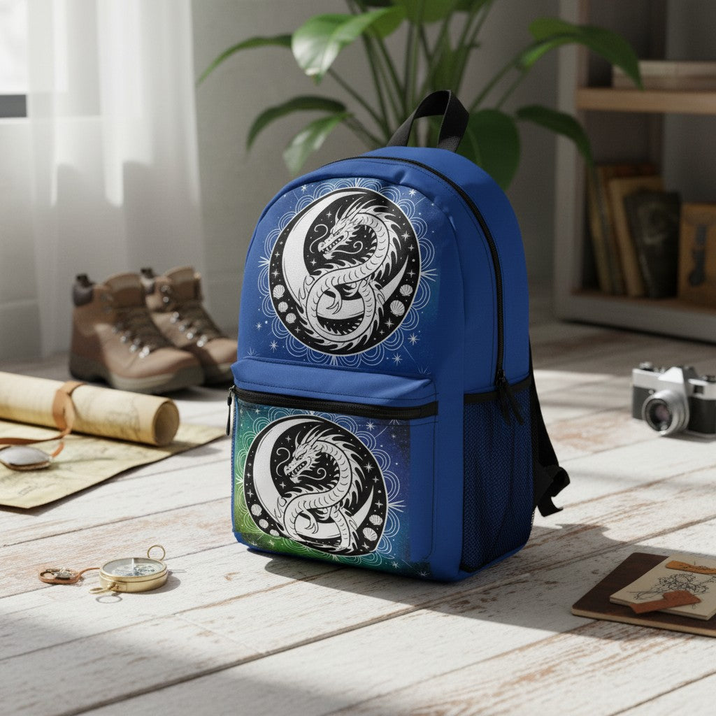 Sea Dragon Dreams backpack featuring a blue and green yin-yang dragon design on a wooden floor with travel gear.
