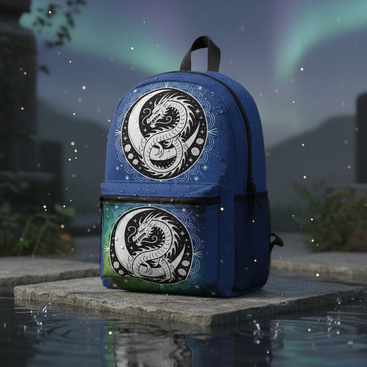 Sea Dragon Dreams backpack featuring a blue yin-yang dragon design, water-resistant fabric, and padded straps.