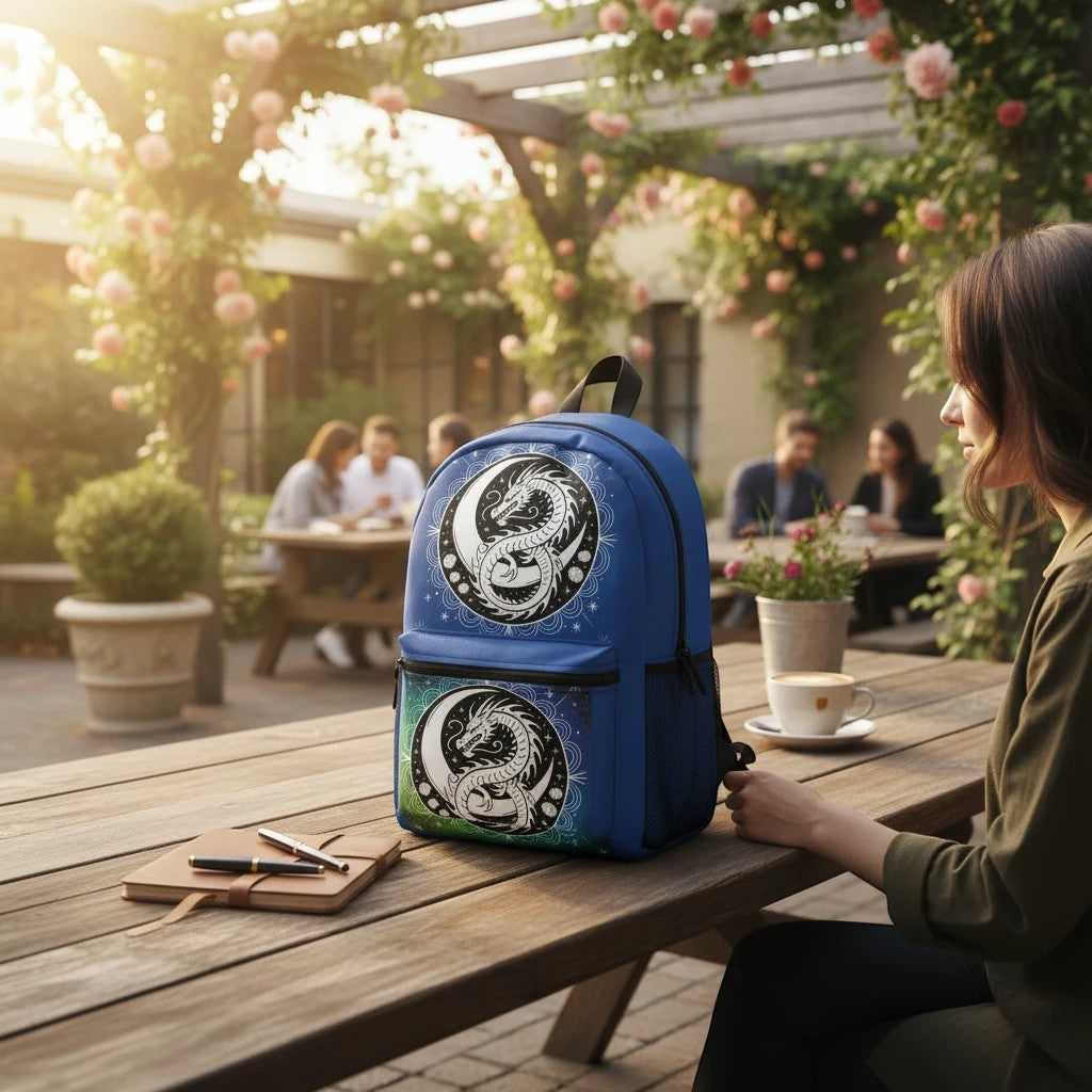Sea Dragon Dreams blue polyester backpack featuring a yin-yang dragon design, sitting on a wooden table in a garden.