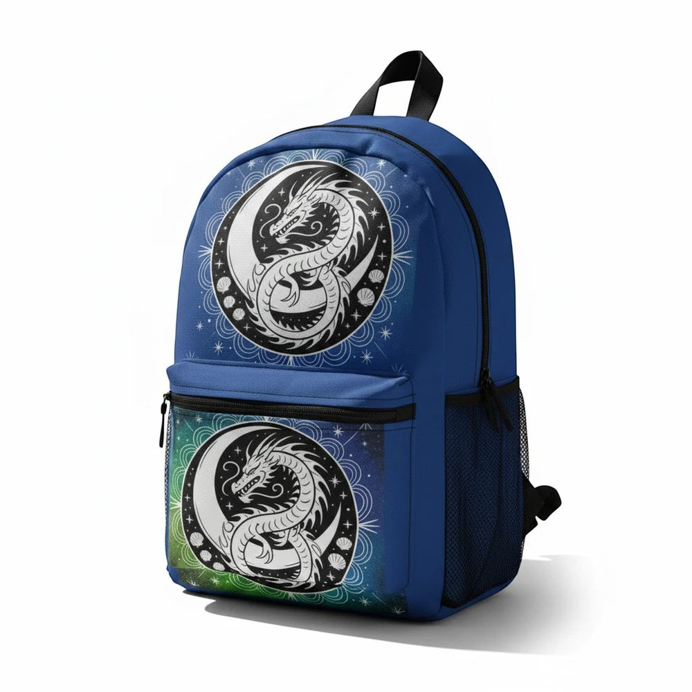 Sea Dragon Dreams blue backpack featuring a yin-yang dragon design with celestial patterns and durable polyester fabric.