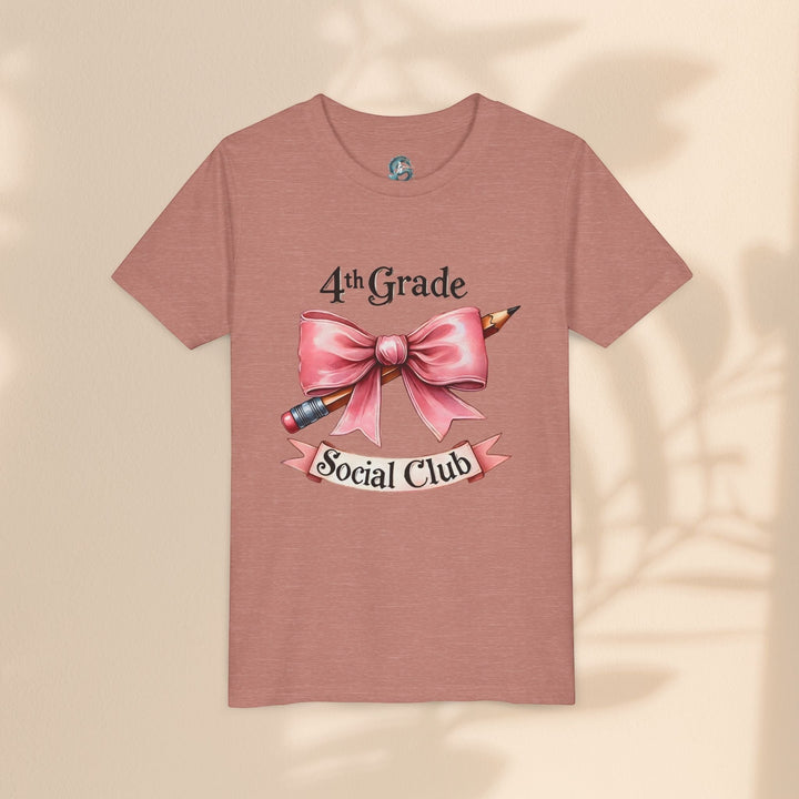 Sea Dragon Dreams youth short sleeve tee in dusty rose with 4th Grade Social Club bow and pencil graphic print.