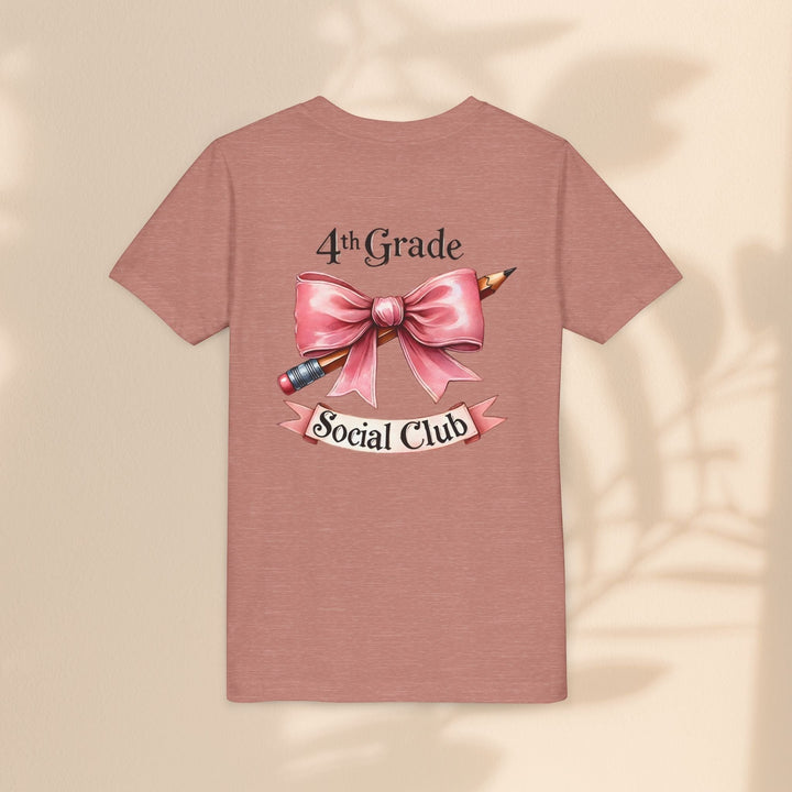 Sea Dragon Dreams youth t-shirt in dusty rose featuring a 4th Grade Social Club graphic with a pencil and pink bow.