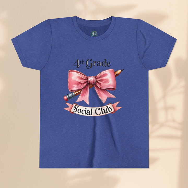 Sea Dragon Dreams youth short sleeve blue cotton tee featuring a 4th Grade Social Club graphic with a pink bow and pencil