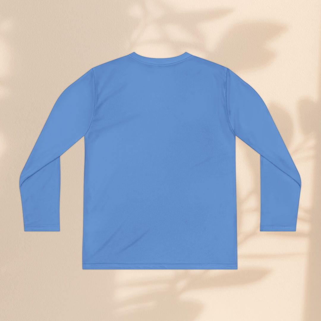 Sea Dragon Dreams youth long sleeve blue moisture-wicking polyester athletic tee, back view.