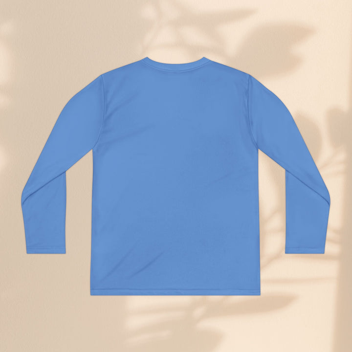 Sea Dragon Dreams youth long sleeve blue moisture-wicking polyester athletic tee, back view.