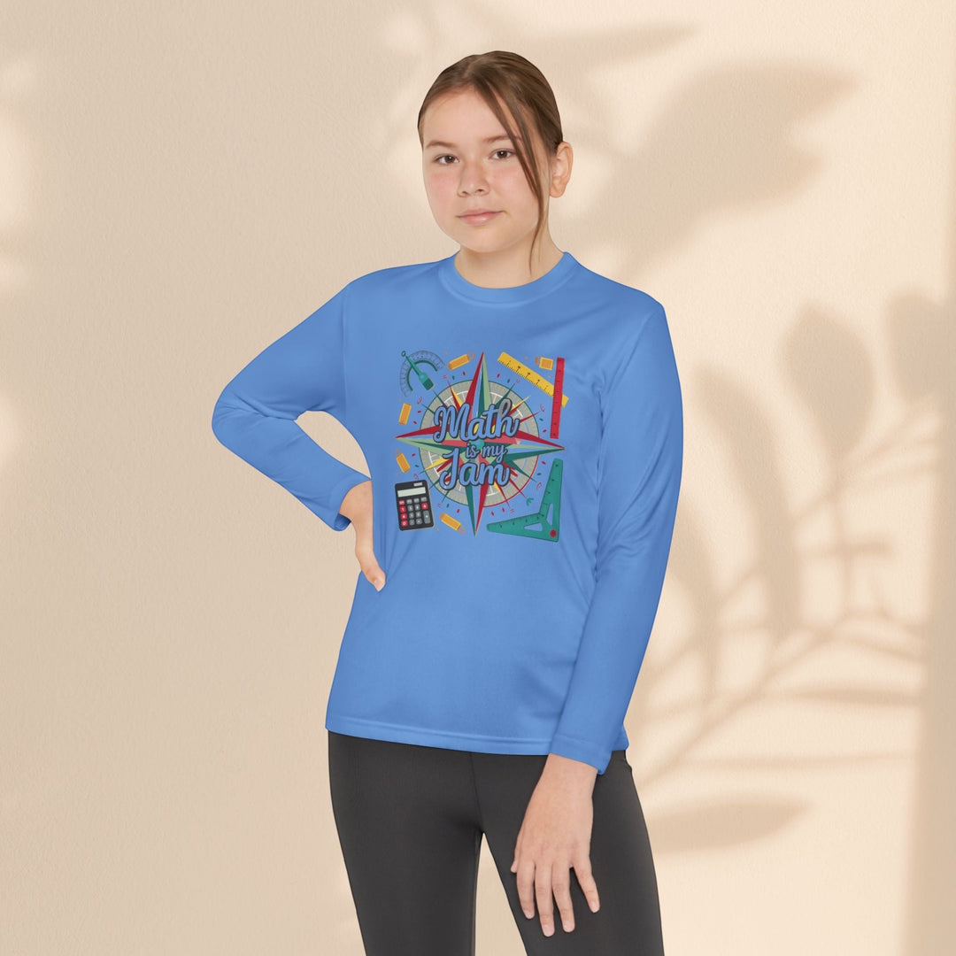 Sea Dragon Dreams youth long sleeve blue polyester athletic tee with Math Is My Jam graphic worn by a young girl.