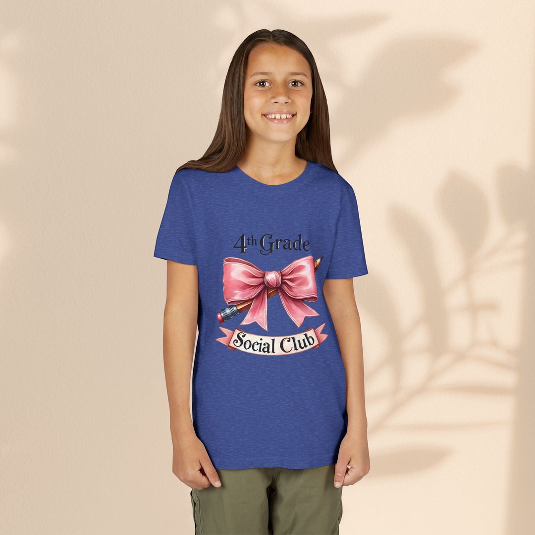 Sea Dragon Dreams youth blue short sleeve cotton tee with 4th Grade Social Club graphic featuring a pink bow and pencil
