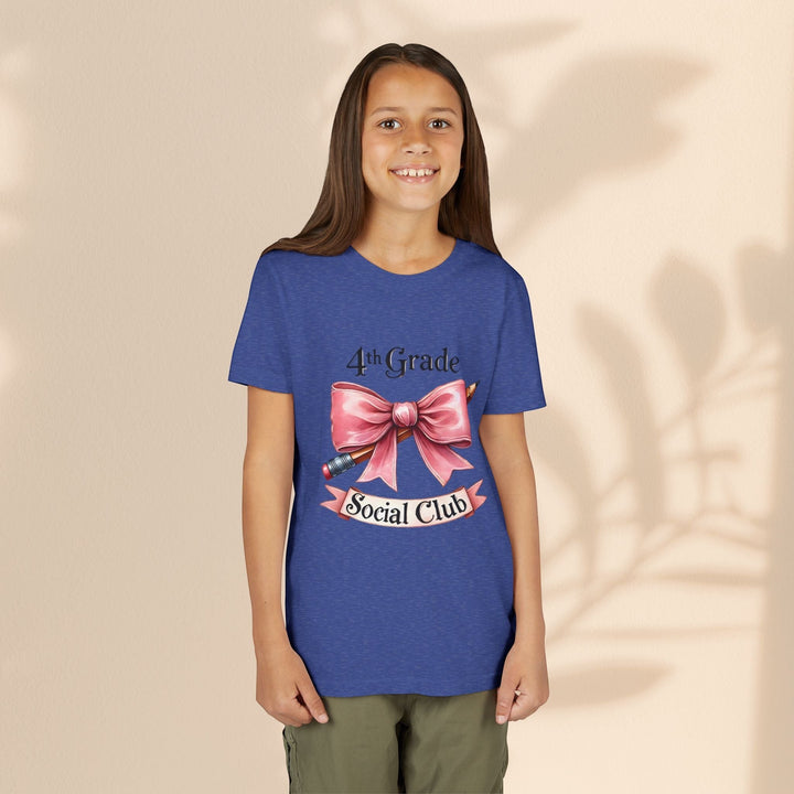 Sea Dragon Dreams youth blue short sleeve cotton tee with 4th Grade Social Club graphic featuring a pink bow and pencil