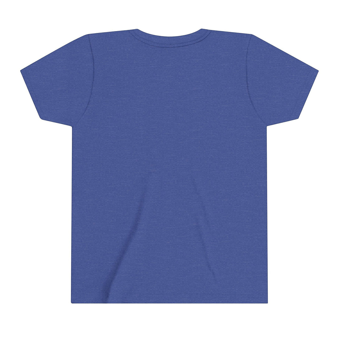 Sea Dragon Dreams youth short sleeve crew neck t-shirt in heather blue, back view of lightweight cotton tee.