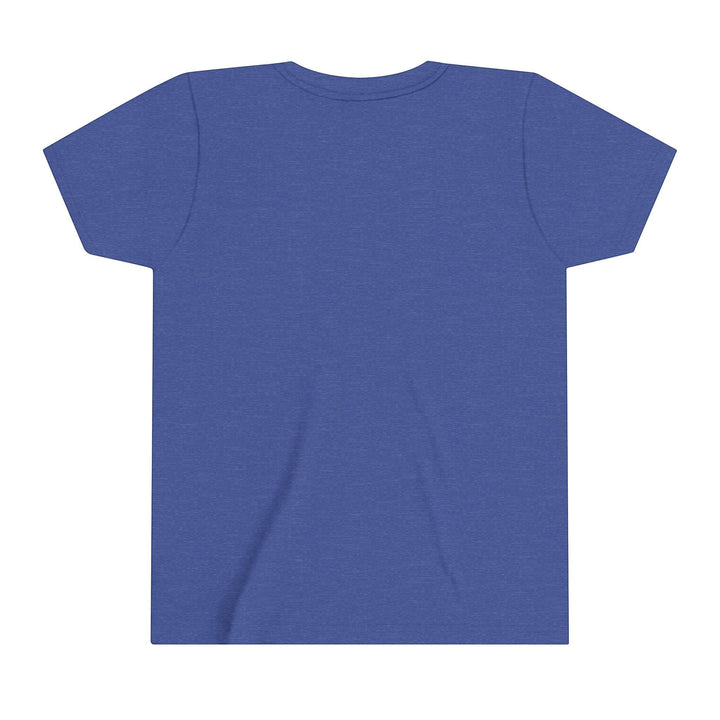 Sea Dragon Dreams youth short sleeve crew neck t-shirt in heather blue, back view of lightweight cotton tee.