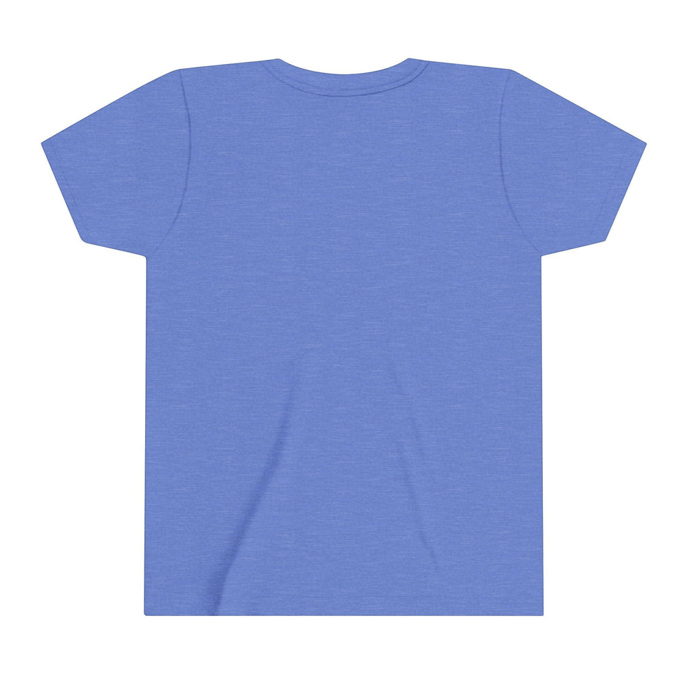 Sea Dragon Dreams youth short sleeve crew neck t-shirt in heather blue, back view of soft cotton fabric.